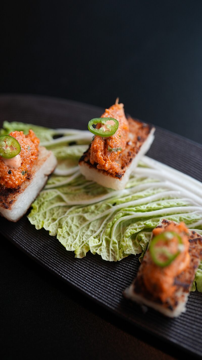 Spicy maguro crispy rice with serrano peppers